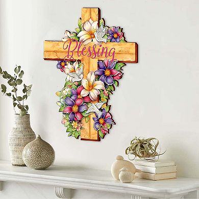 Floral Dove Blessing Wooden Cross By G. Debrekht