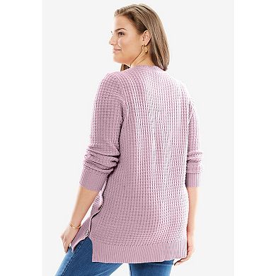 Woman Within Women's Plus Size Side Button V-neck Waffle Knit Sweater