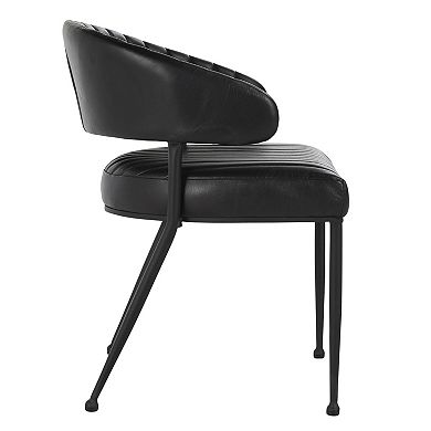 Bri 23 Inch Dining Chair, Curved, Padded, Tufted Black Leather, Iron