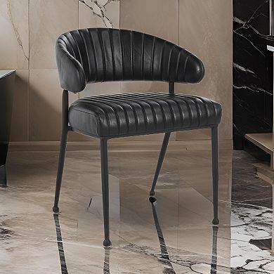 Bri 23 Inch Dining Chair, Curved, Padded, Tufted Black Leather, Iron