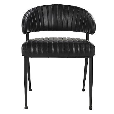 Bri 23 Inch Dining Chair, Curved, Padded, Tufted Black Leather, Iron