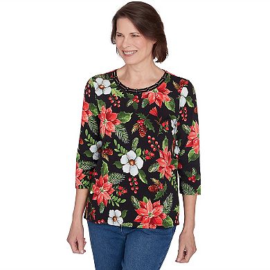 Petite Alfred Dunner Poinsettia Classic Holiday Top