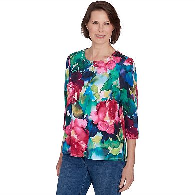 Petite Alfred Dunner Watercolor Floral Embellished Neck Top