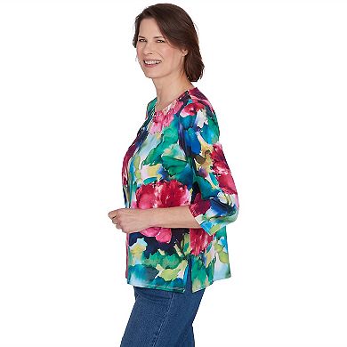 Petite Alfred Dunner Watercolor Floral Embellished Neck Top