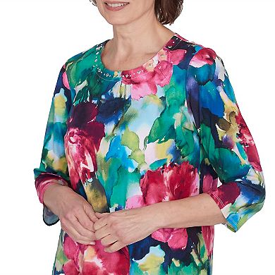 Petite Alfred Dunner Watercolor Floral Embellished Neck Top