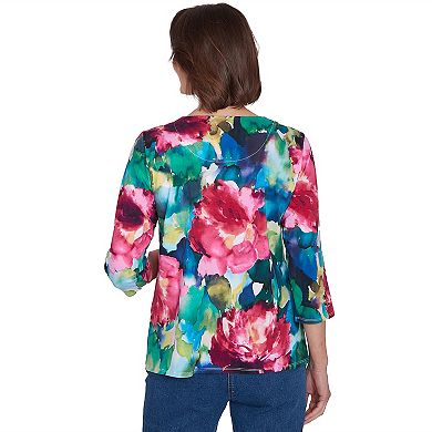 Petite Alfred Dunner Watercolor Floral Embellished Neck Top