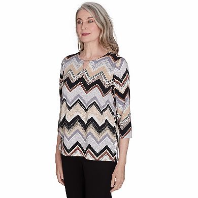 Petite Alfred Dunner Zig Zag Split Neck Top