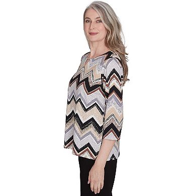 Petite Alfred Dunner Zig Zag Split Neck Top