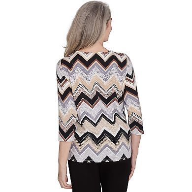 Petite Alfred Dunner Zig Zag Split Neck Top