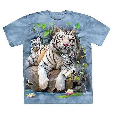 Collections Etc White Bengal Tiger & Baby Cubs Light Blue Cotton T-shirt