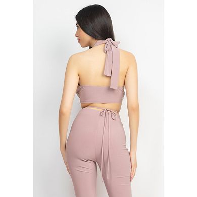 Fashnzfab Solid Halter Top And Elastic Leggings Set