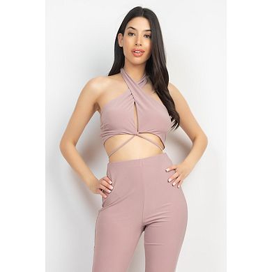 Fashnzfab Solid Halter Top And Elastic Leggings Set