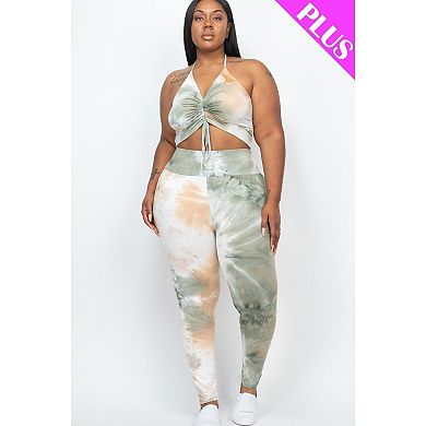 Fashnzfab Plus Adjustable Ruched Crop Top And Leggings Set