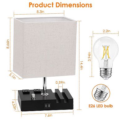 Beige, Fully Dimmable Table Lamp With Dual Usb Ports, 2 Power Outlets, Led Bulb Included