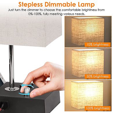 Beige, Fully Dimmable Table Lamp With Dual Usb Ports, 2 Power Outlets, Led Bulb Included