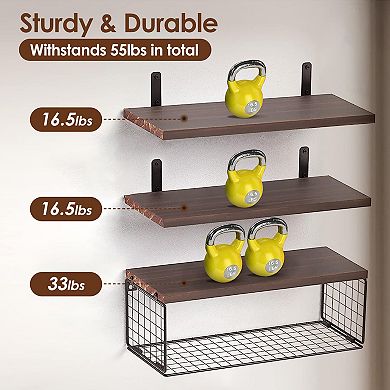 2-in-1 Floating Shelves With Storage Basket For Bedroom Living Room