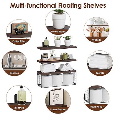 2-in-1 Floating Shelves With Storage Basket For Bedroom Living Room