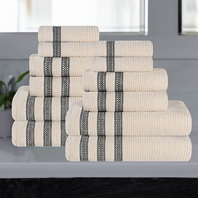 SUPERIOR 12-Piece Zero Twist Cotton Geometric Border Plush Absorbent Washcloth Set