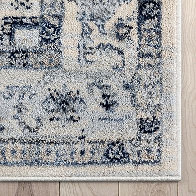 Well Woven Omaha Leon Ivory Blue Farmohuse Medallion Area Rug