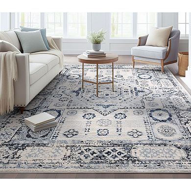 Well Woven Omaha Leon Ivory Blue Farmohuse Medallion Area Rug