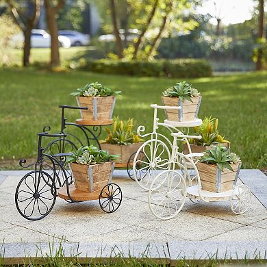 Glitzhome 18 "L Metal Tricycle Planter Stand With Natural Solid Wood Tray