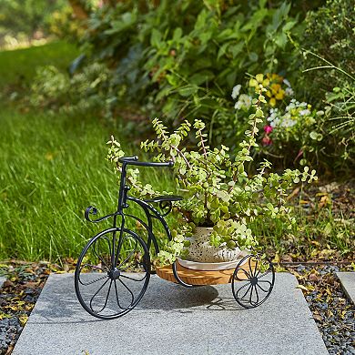 Glitzhome 18 "L Metal Tricycle Planter Stand With Natural Solid Wood Tray