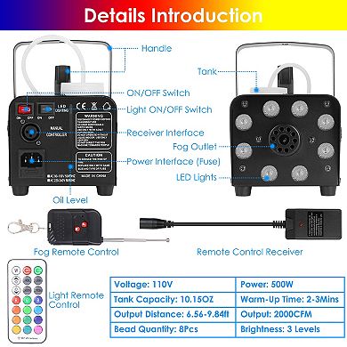 Black, 500w Fog Machine Colorful Smoke Machine With 8 Led