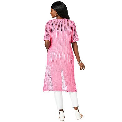 Jessica London Women's Plus Size Scalloped Crochet Sweater Duster