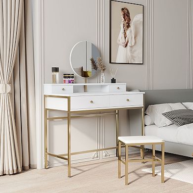 Modern and simple vanity with stool, solid metal frame, large round mirror and storage space