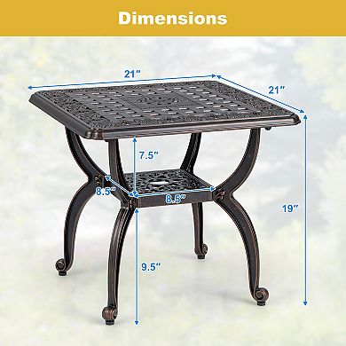 Cast Aluminum Outdoor Side Table With Storage Shelf For Garden Porch Balcony-Rustic Brown