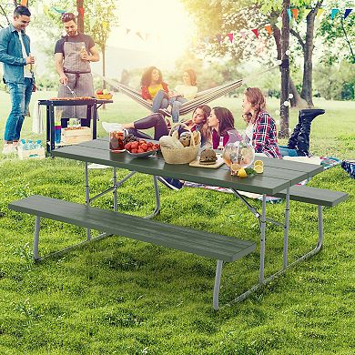 Folding Picnic Table Set With Metal Frame And All-weather Hdpe Tabletop  Umbrella Hole