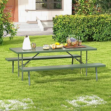 Folding Picnic Table Set With Metal Frame And All-weather Hdpe Tabletop  Umbrella Hole