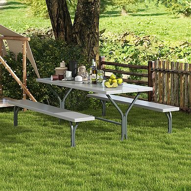 Picnic Table Bench Set Dining Table And 2 Benches With Metal Frame And Hdpe Tabletop
