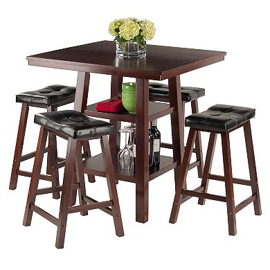 5-PC High Table With Cushion Seat Counter Stools, Walnut And Black