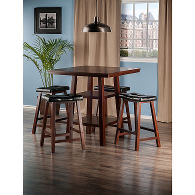 5-PC High Table With Cushion Seat Counter Stools, Walnut And Black