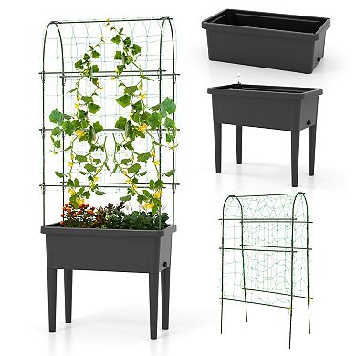 Self-watering Raised Garden Bed Elevated Planter With Climbing Trellis-black