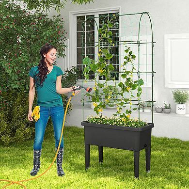 Self-watering Raised Garden Bed Elevated Planter With Climbing Trellis-black