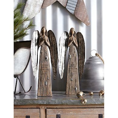 Rustic Wood Sentiment Angel With Galvanized Metal Wings - Set of 2