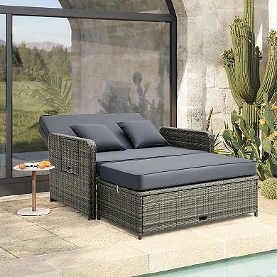 Wicker Loveseat Sofa With Multipurpose Ottoman And Retractable Side Tray-gray