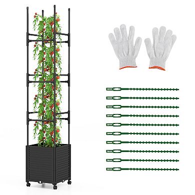 Raised Garden Bed With Obelisk Trellis And 3 Heights & Detachable Pe-coated Metal Tubes-Black