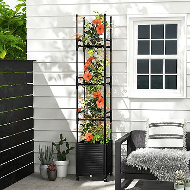 Raised Garden Bed With Obelisk Trellis And 3 Heights & Detachable Pe-coated Metal Tubes-Black