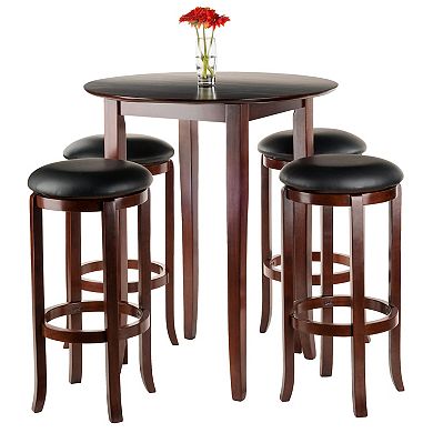 5-pc High Table With Cushion Swivel Seat Bar Stools, Walnut And Black