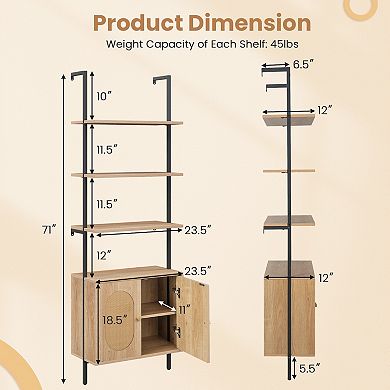 71 Inch 6-tier Wall Mounted Ladder Bookshelf With Rattan Cabinet-Natural