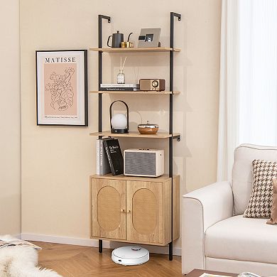 71 Inch 6-tier Wall Mounted Ladder Bookshelf With Rattan Cabinet-Natural