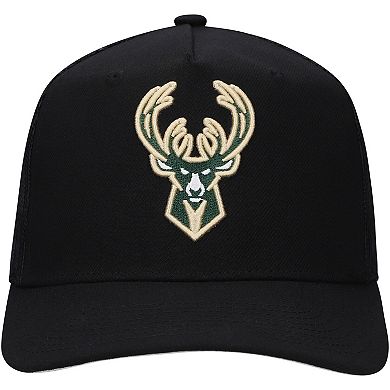 Men's Mitchell & Ness Black Milwaukee Bucks Monogram All-Over Logo Mesh Trucker Adjustable Hat