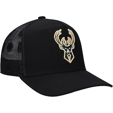 Men's Mitchell & Ness Black Milwaukee Bucks Monogram All-Over Logo Mesh Trucker Adjustable Hat