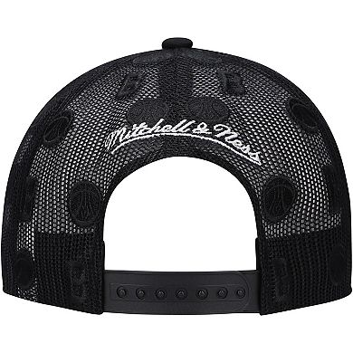 Men's Mitchell & Ness Black Milwaukee Bucks Monogram All-Over Logo Mesh Trucker Adjustable Hat