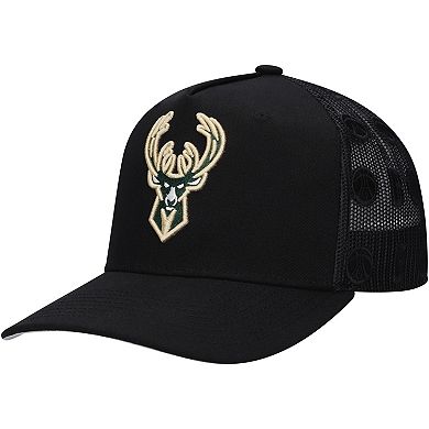 Men's Mitchell & Ness Black Milwaukee Bucks Monogram All-Over Logo Mesh Trucker Adjustable Hat