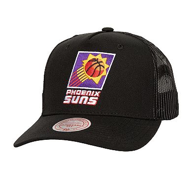 Men's Mitchell & Ness Black Phoenix Suns Monogram All-Over Logo Mesh Trucker Adjustable Hat