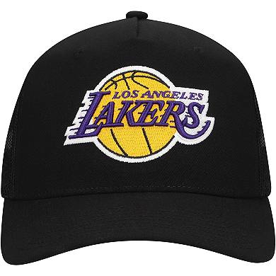 Men's Mitchell & Ness Black Los Angeles Lakers Monogram All-Over Logo Mesh Trucker Adjustable Hat